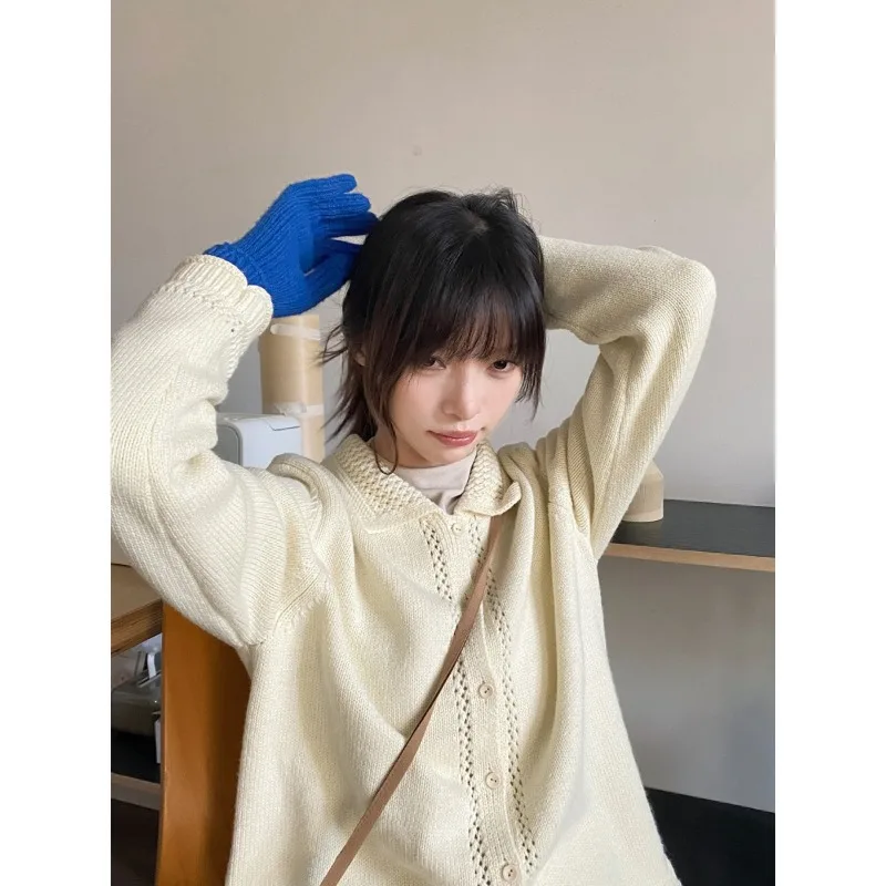 Women French Vintage Lapel Hollow Lace Knit Cardigan Flocking Button Sweater Outerwear Top For Early Autumn