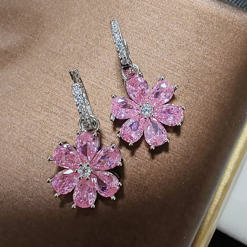 Roze Bloem Mousserende Zirkoon S925 Sterling Zilveren Oorbellen Voor Vrouwen Vintage Sieraden Bruiloft Verloving Oorringen Geschenken