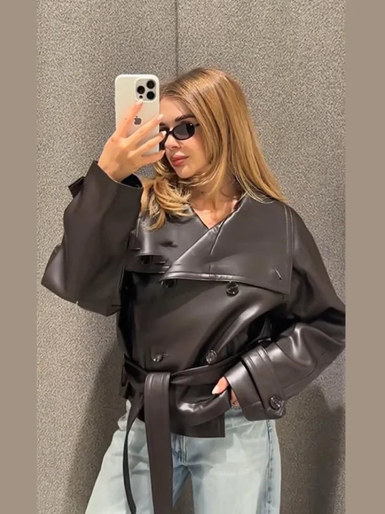 

Casual Pu Leather Jackets Women With Belt Lapel Long Sleeve Double Breasted Solid Coat 2025 Autumn Winter Street Lady Outwears
