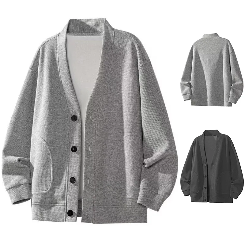 Autumn Winter V-Neck Waffle Cardigan Men's Lightweight Fleece Loose Premium Casual Outerwear