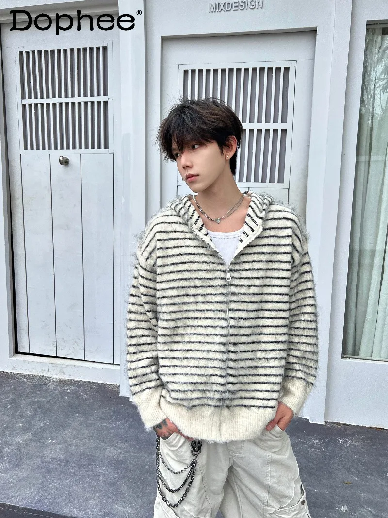 الأمريكية الرجعية مخطط الموضة العصرية الرجال مقنعين سترة سترة الشباب شعبية فضفاضة عادية محبوك سترة #1