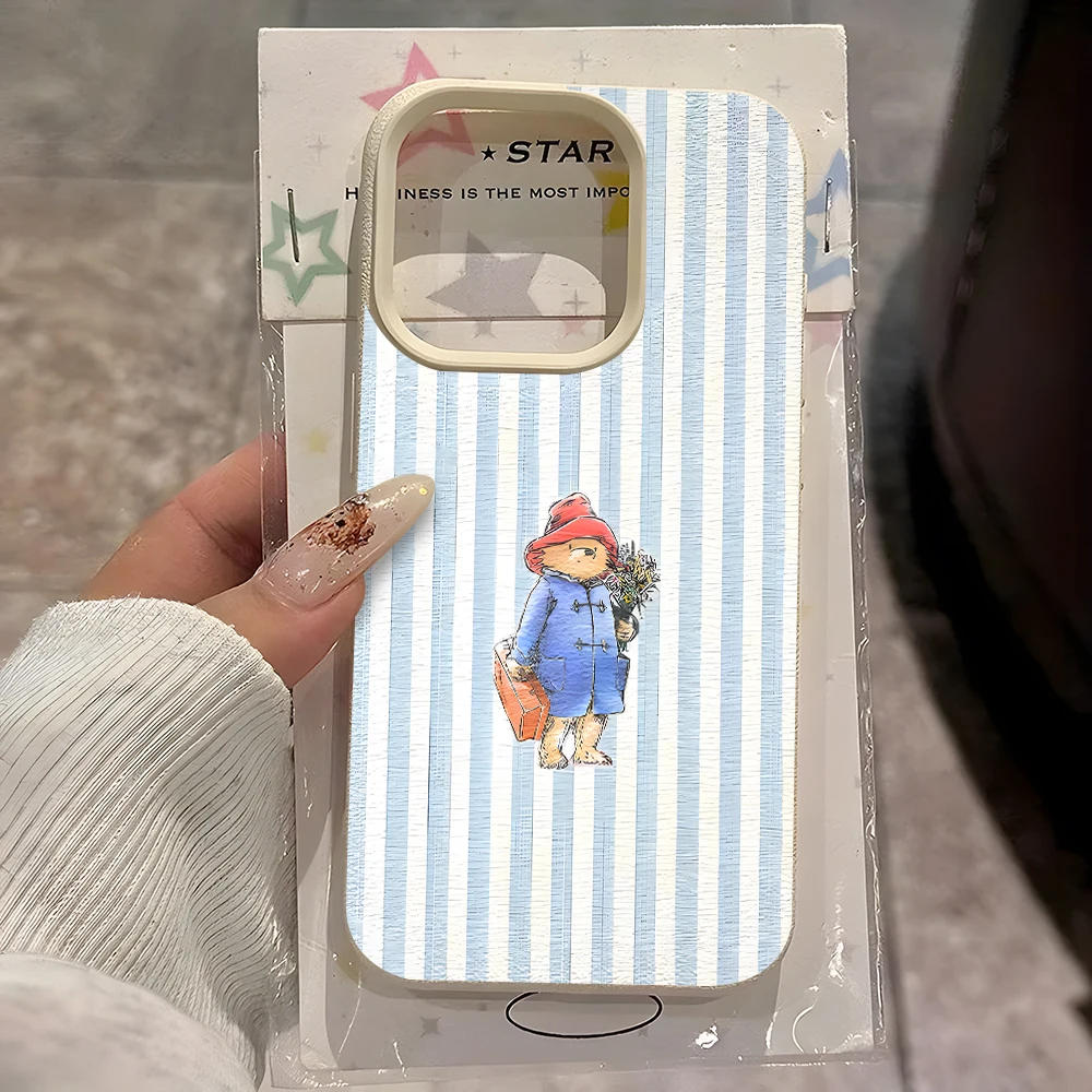 Candy Color Frame Paddington Bear Phone Case For iPhone 17 16 14 15 13 12 11 Pro Max 17Air 14 16 15 Plus XR Lychee pattern Cover
