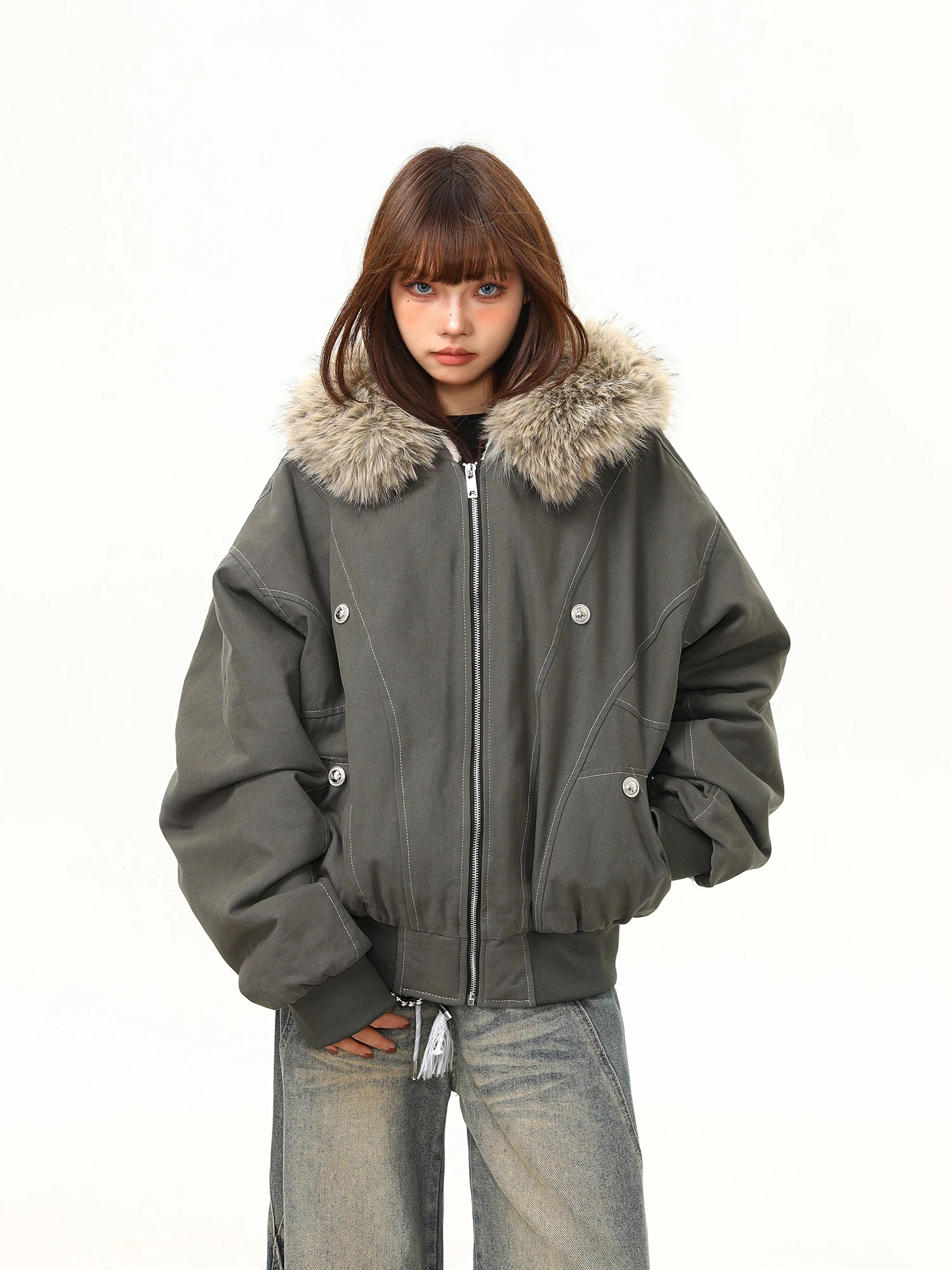 

Wild American Trendy Brand Thiened Warm Cotton Jaet Women's Winter Versatile Couple Cotton Clothes Fur Collar Mountain Eagle