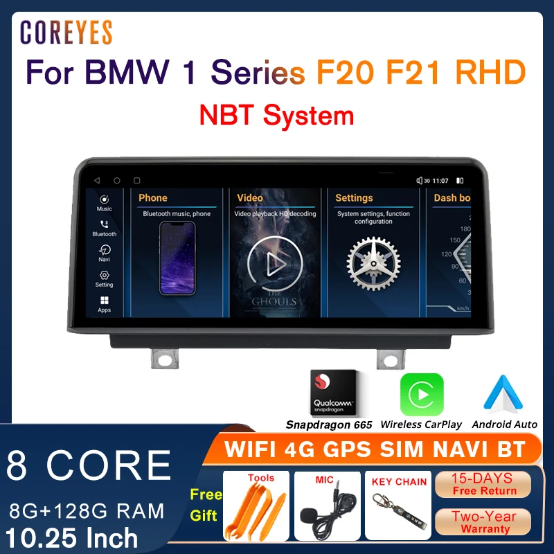 

COREYES 10.25 Inch Android 12 Car Radio Screen For BMW 1 Series F20 F21 RHD 2011-2016 NBT Carplay GPS Stereo Snapdragon 665