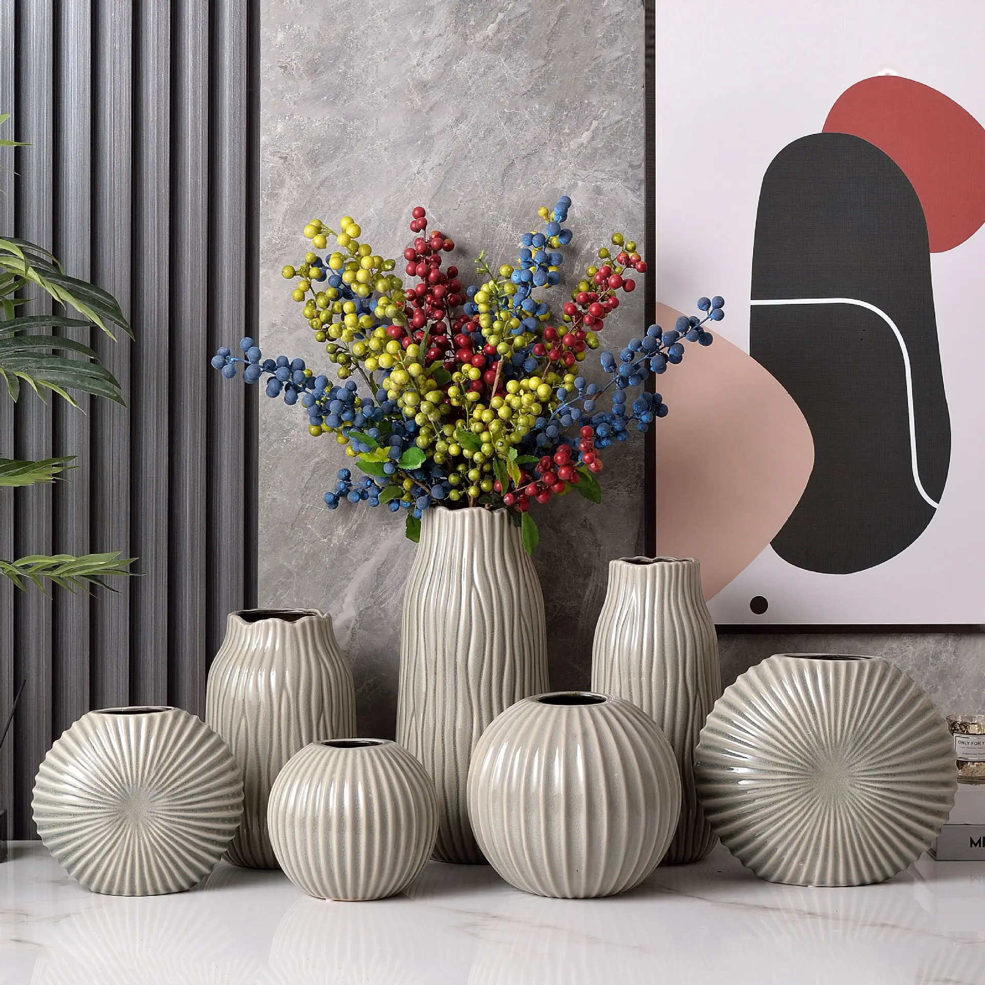 Modern Ice Crackle Ceramic Vase Set for Home Décor - 3 Pieces, Simple and Elegant, New Chinese Style