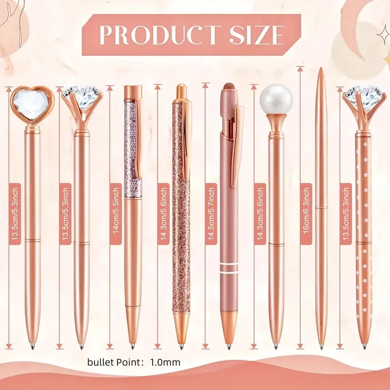 3pcs/5pcs/8pcs/9pcs Rose Golden Metal Ballpoint Pen Set, Pearl Quicksand Crown, Love Artificial Diamond,School&Office Supply