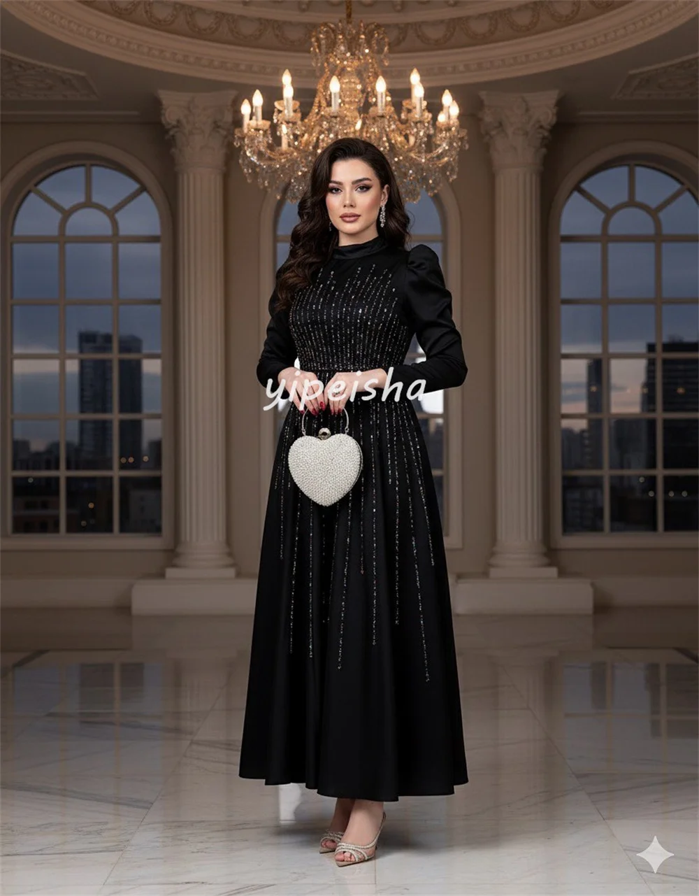 Sukienki midi w kształcie litery A z wysokim kołnierzem, z plisami, zdobione koralikami i cekinami, szyte na miarę, klasyczne, wysokiej jakości, dostępne różne rozmiary, sukienki wieczorowe.