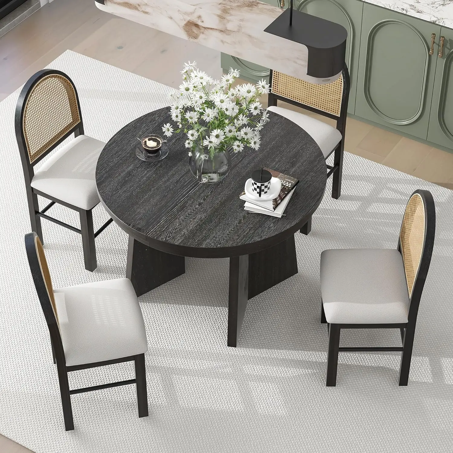 Lumisol Extendable Dining Table Set For 4, Round Rattan Table And 4 Upholstered Chairs With Rattan Backrests, 5 Piece Dining