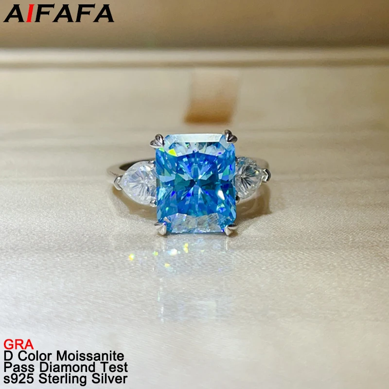 6 Carat Radiant Cut Sea Blue Moissanite Diamond Rings s925 Silver Rectangle All Moissanite Women Ring Luxury Fine Jewellery GRA