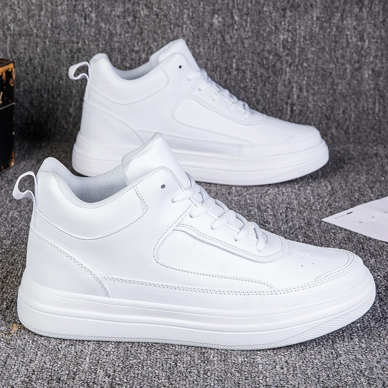 

Мужские высокие туфли для скейтборда, кроссовки из искусственной кожи, уличные туфли на плоской подошве, модная уютная белая повседневная обувь на шнуровке для мужчин, вулканизированная обувь