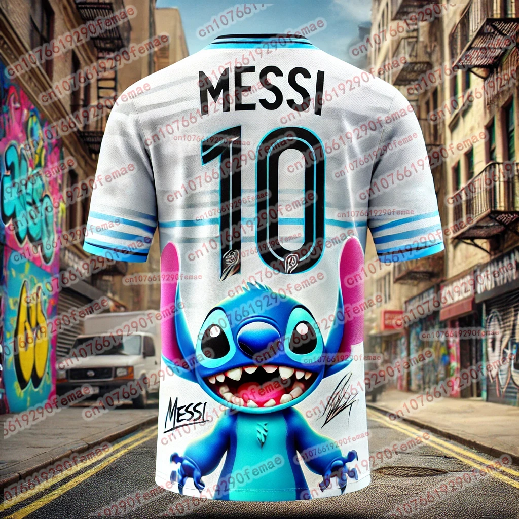 Camiseta de colaboración bonita Stitch & Messi, elegante camiseta de verano para niños y niñas, camiseta cómoda para niños y adultos