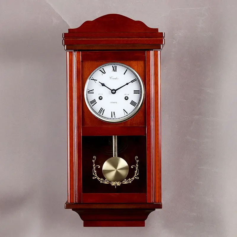 Large luxury pendulum clock European retro solid wood wall clock Living room copper movement Atmospheric