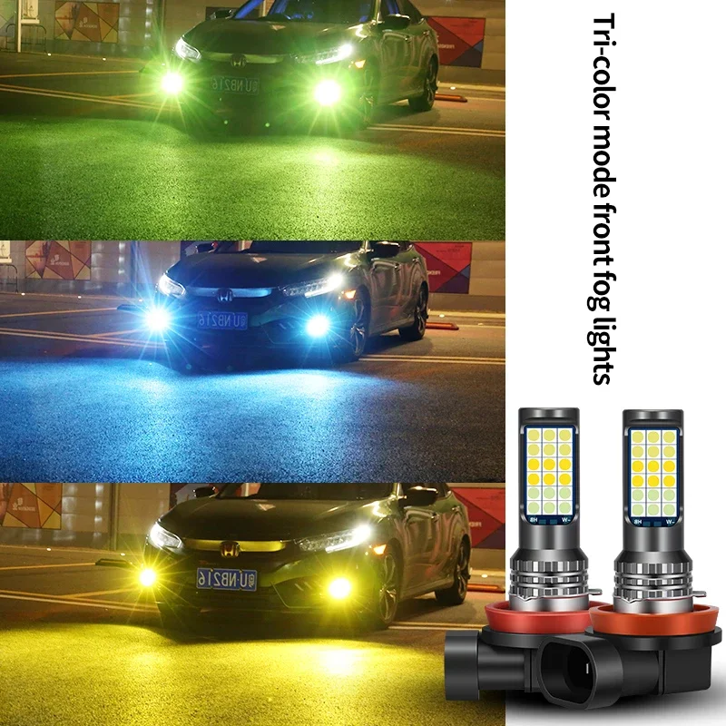 H4 H7 H11 LED Fog Light Tricolor Bulbs H1 H3 9005 HB3 9006 HB4 880 H27 H8 H9 35W Car Lamp White Ice Blue Red Yellow Pink
