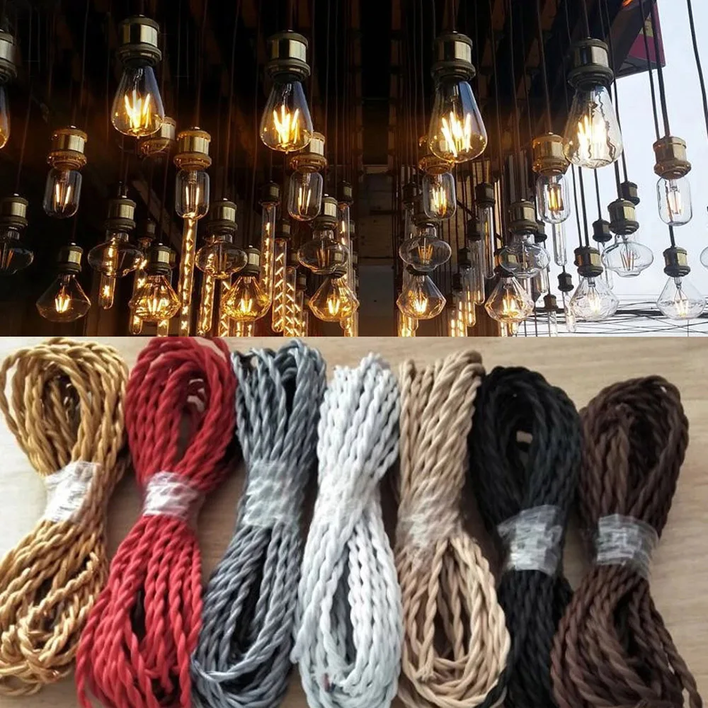 2 Core Electrical Wire Vintage Twisted Fabric Cable Woven Textile Braided Pendant Light Hanging Lamp Cord 18 AWG DIY Lighting