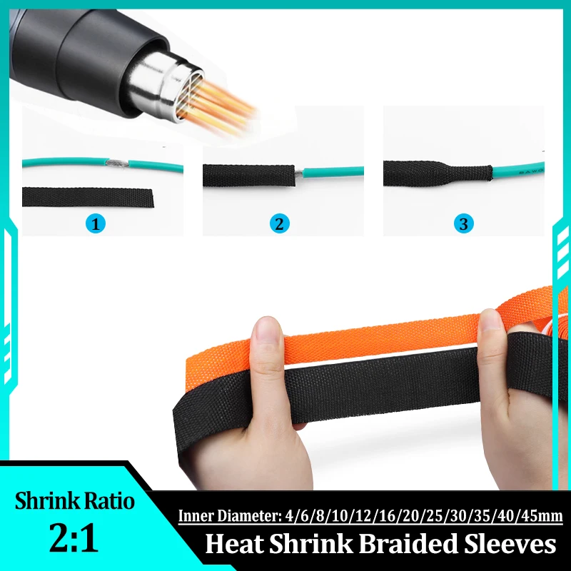 

1-20M 2:1 Heat Shrink Tube Shrinkable Fabric Braided Sleeve Dia.4-45mm Flame Retardant PET Auto Line Organizer Wire Wrap Sheath