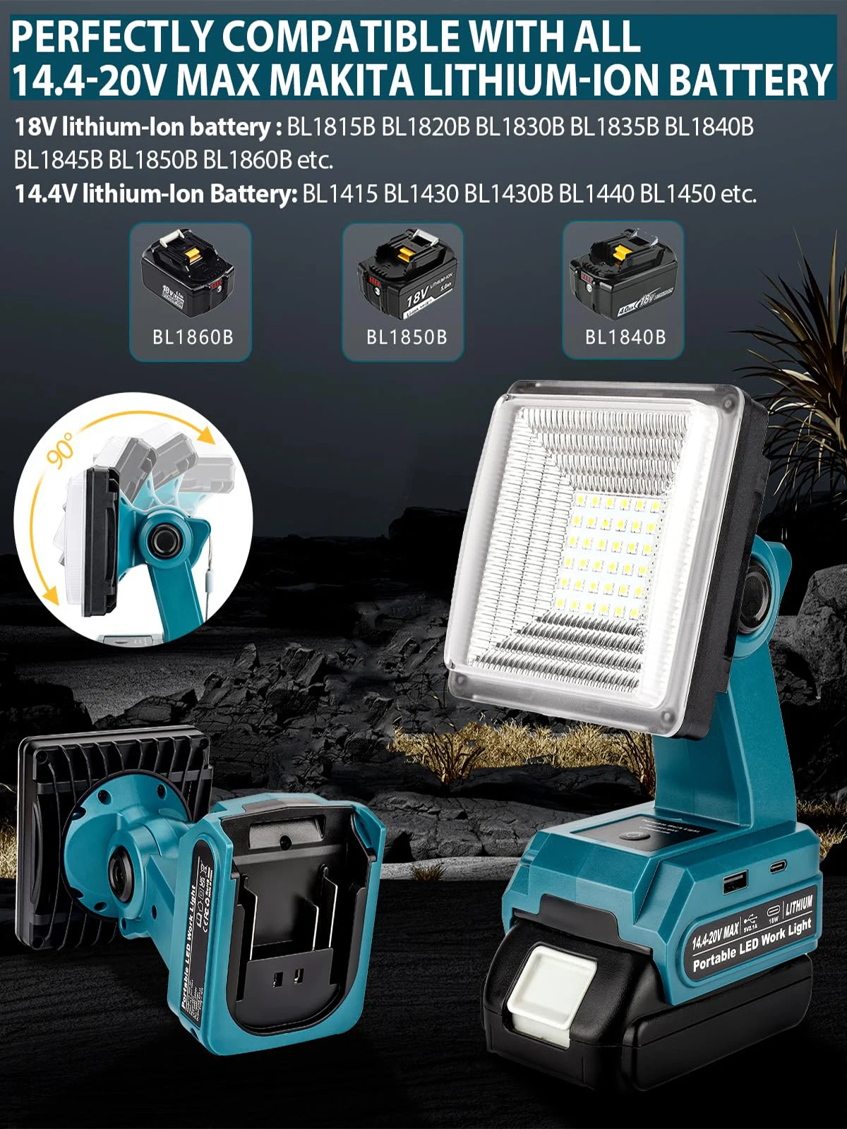 ไร้สายไฟ LED ทำงานสำหรับ Makita 14.4-18V LXT แบตเตอรี่ 25W LED Floodlight พร้อม USB-A และ USB-C 2.1A Fast ชาร์จพอร์ต 3 โหมดสำหรับไซต์งานซ่อมรถ Camping ฉุกเฉิน BL1815B BL1820B BL1830B BL1835B BL1415 BL1430 BL1430B BL144