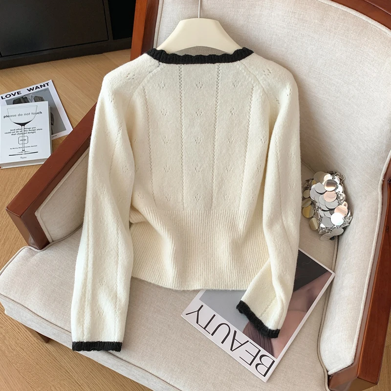 سترة محبوكة حلوة وأنيقة لأزياء الخريف والشتاء النسائية للتنقل، زخرفة القوس والأزرار، سترة كورية #5