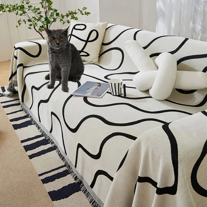 

Black Line Chenille Sofa Cover Cloth Soft Sofa Blanket Cover Full Wrap Universal Couch Towel Cover Dust Proof Sofa Cloth Towel