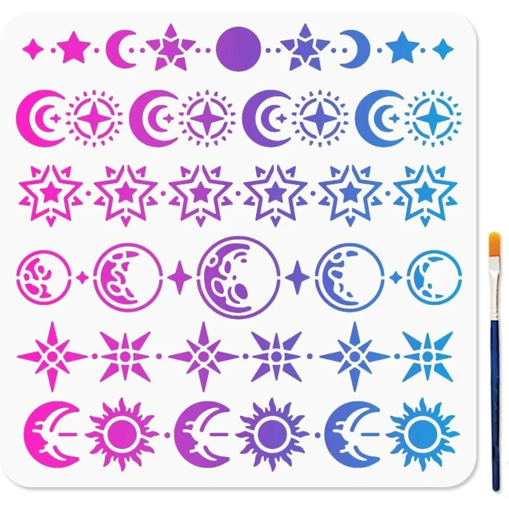 Juego de plantillas celestiales, plantillas reutilizables de 11,8x11,8 pulgadas para pintura cósmica, diseño de estrellas, sol, planetas, paredes, azulejos, tela