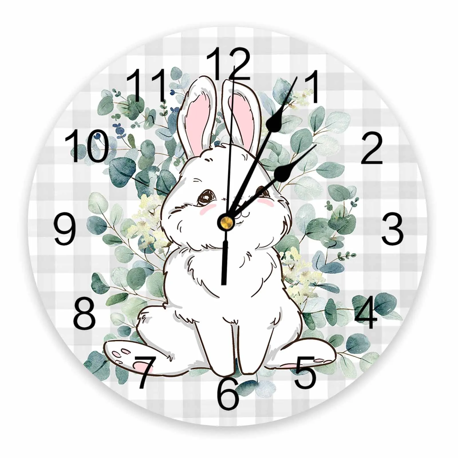 Easter Grey Checkered Eucalyptus Leaf Rabbit Printed Wall Clock Modern Silent Clock Living Room Home Decor Wall Hanging Watch