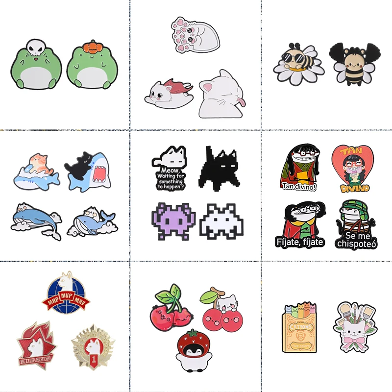 2-3pcs/set Comedy TV Flork Figure Retro Pixel Game Cat Enamel Pins Cute Fruit Cat Shark Whale Bee Frog Brooch Bags Badge Jewelry