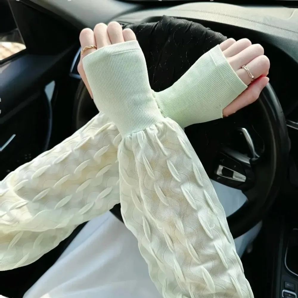 

New Pleated Chic Style Sunscreen Sleeves Solid Color Anti-UV Riding Driving Gloves Arm Protectors Ice Silk Long Mittens Summer
