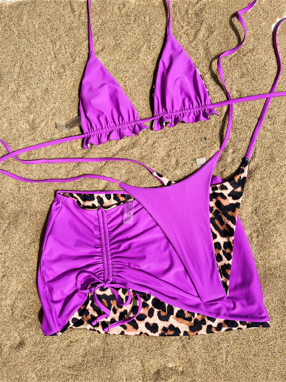 

Purple Leopard Bikini Micro String Extrem Backless Swimsuit Skirt Triangle Thong Vacation Swimwear Women Reversible Beach Outfit