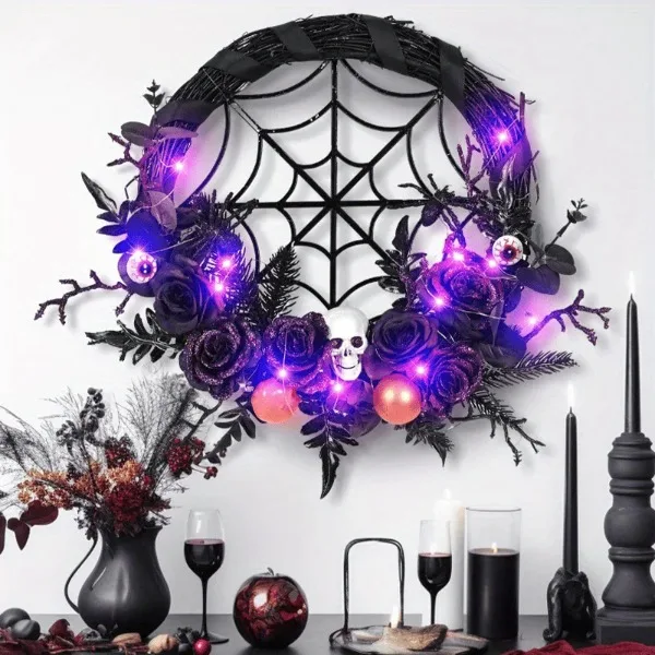 1pc, Prelit Halloween Skull Wreath For Front Door Decor, 20 LED Purple Lights Battery Operated Skeleton view 3