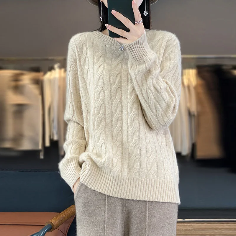 

Autumn/Winter 23 New Round Neck Fried Dough Twists Pullover Pure Woolen Sweater Women's Casual Loose Thickened Sweater