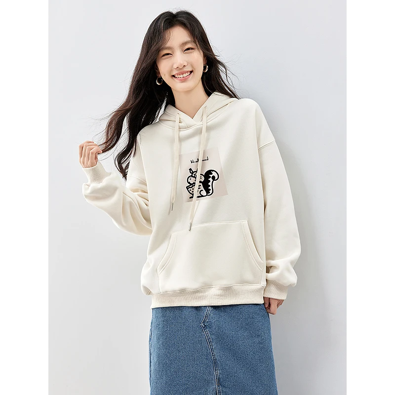 Toyouth Women Plush Hoodies 2023 Winter Long Sleeve Loose Hooded Sweatshirt Squirrel Print Casual Cute Versatile Warm Pullover