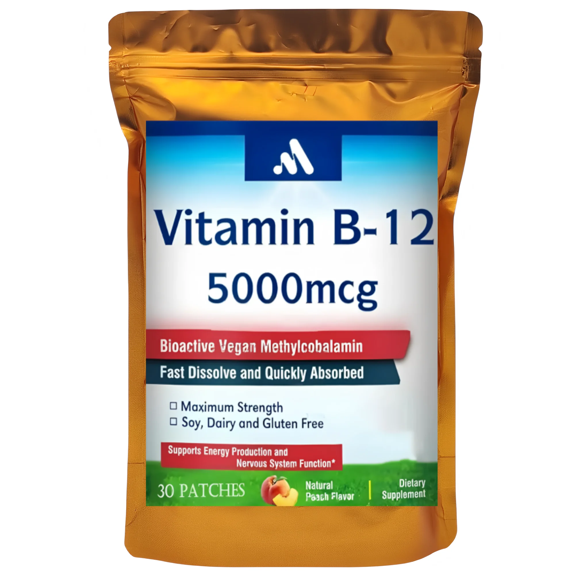 30 Patches Vitamin B12 5000mcg Transdermal Patches, W/Vitamins B2, B6 - Supports Energy Production, Brain Function & Metabolism
