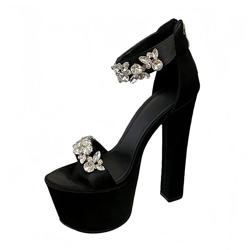 

Woman Black Block Heels Sandals Belt Crystal Platforms Shoes Summer Party Dress Shoes 16cm High Heels Ladies Sandals