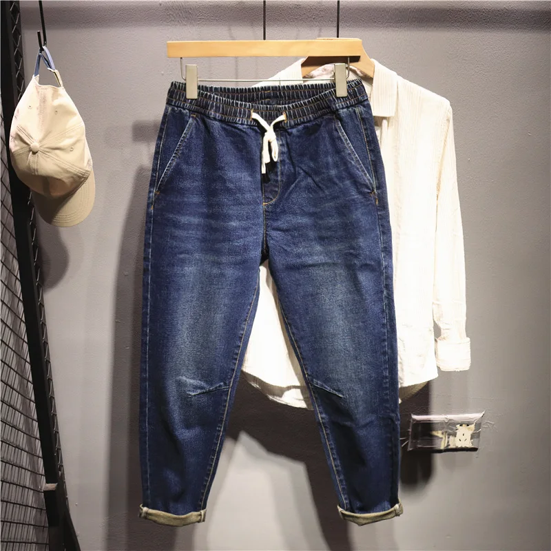 

American Retro Loose Fit Elastic Waist Denim Jeans Men's 3D Tailored Fashionable Casual Long Pants Youth Trend Cotton Polyest...