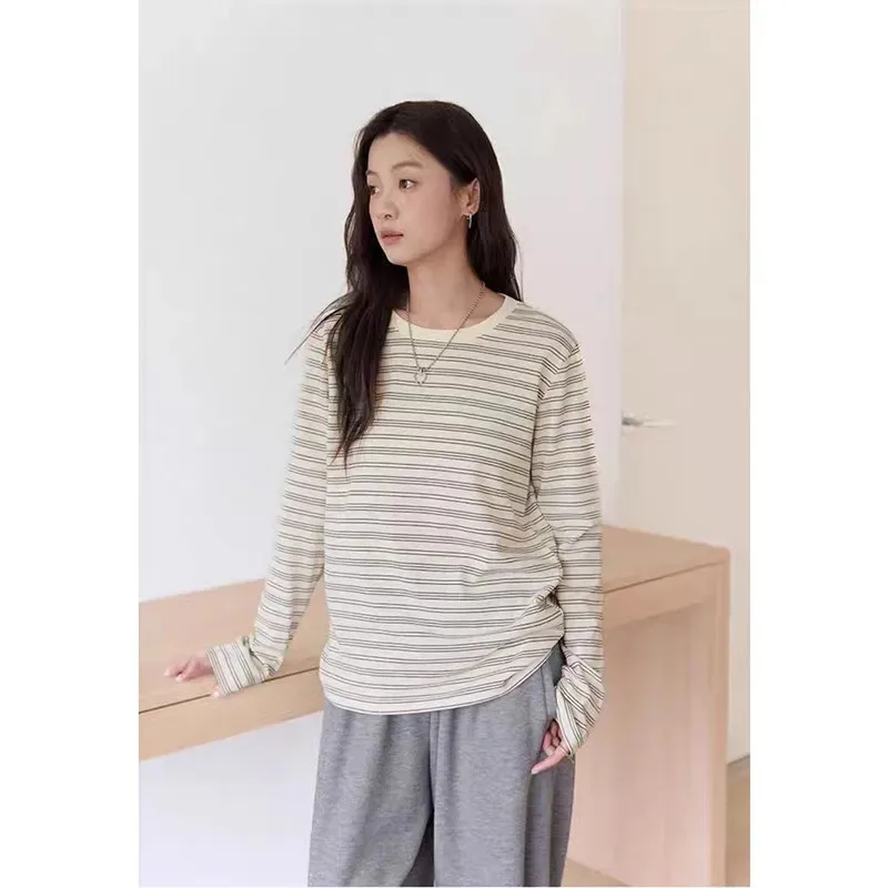 Women Striped Crew Neck Long Sleeve T Shirt Loose Casual Basic Layering Top For Spring Autumn Daily Commute