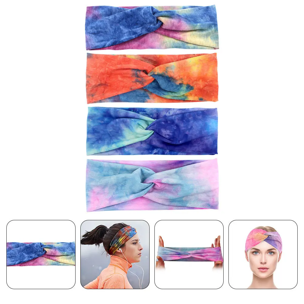

4Pcs Sports Wide Headbands Tie-Dye Design Sweatbands for Women Yoga Running Workout Fitness Exercise Hair Bands