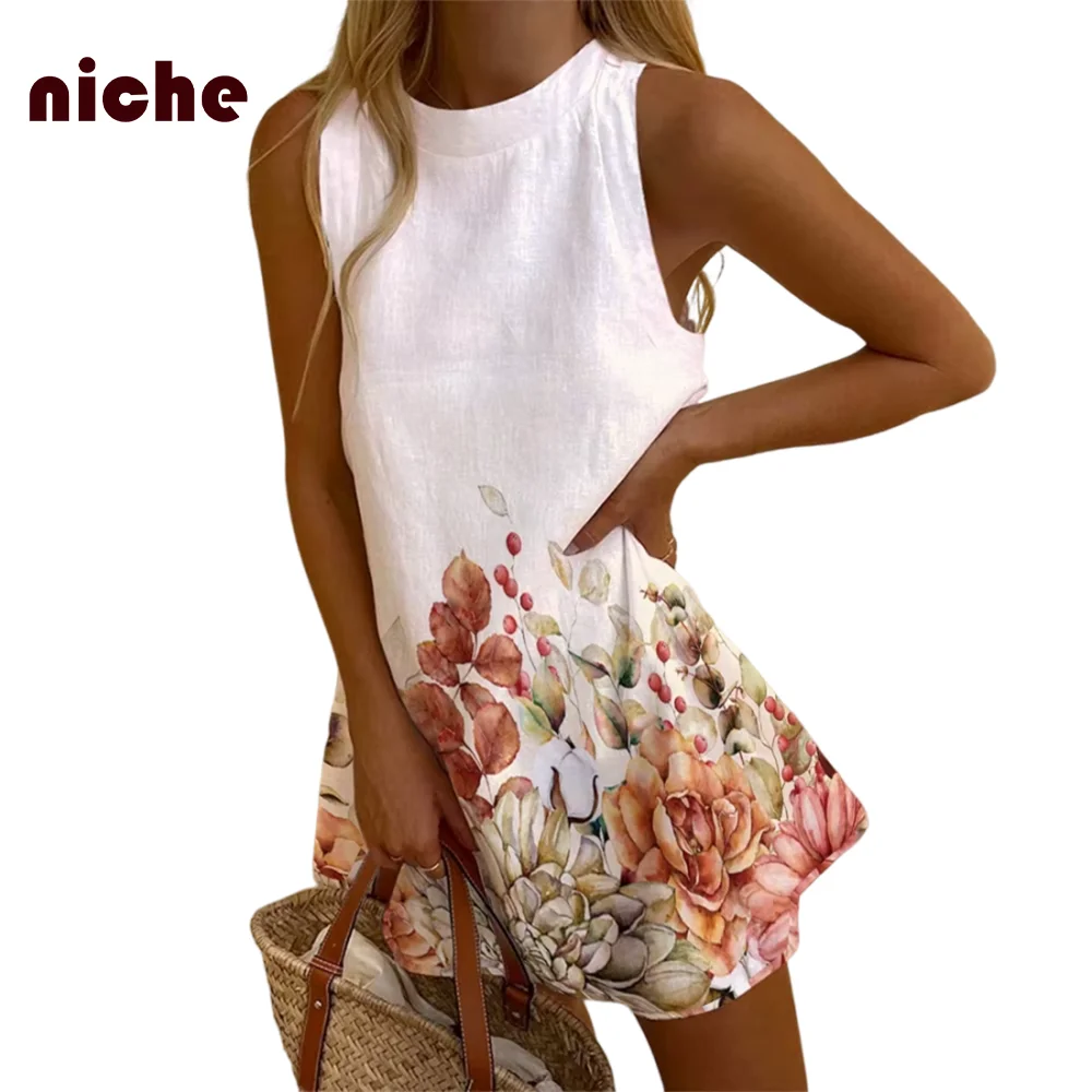 Ladies Sleeveless Beach Skirt High Quality Cotton And Linen Elegant Flower Graphic Printing Trend New Soft Waist Dress