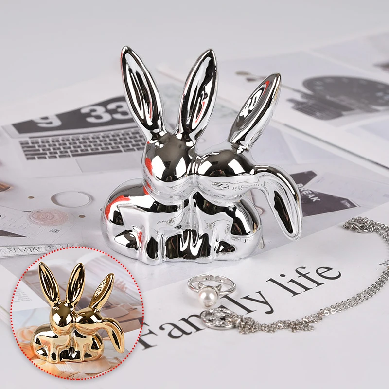 Golden Ceramic Rabbit Ornaments Easter Double Eared Bunny Jewelry Storage Tray Animal Figurines Decoration Valentine's Day Gifts