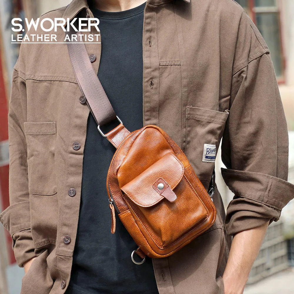 S.WORKER Handgefertigte Herren-Brusttasche aus Vollnarbenleder, Modische Umhängetasche für Telefon und Schlüssel – Detail 2