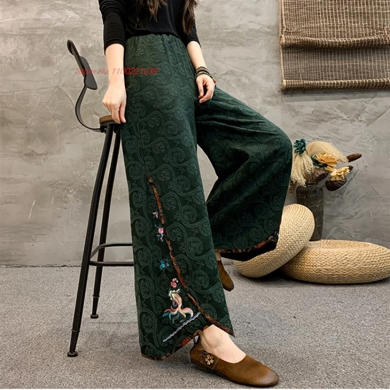 2025 chinese vintage pants national flower embroidered loose pants traditional elastic waist cotton linen jacquard folk trousers