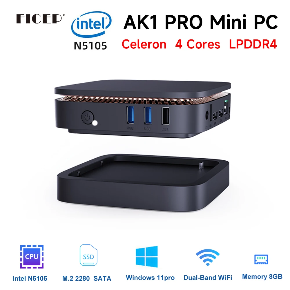 Ficep AK1 Pro Mini Pc Windows 11 Pro Intel Celeron N5105 DDR4 8GB 256GB SSD WIFI Windows 10 Gamer Computer PK GK3 Pro Minipc New