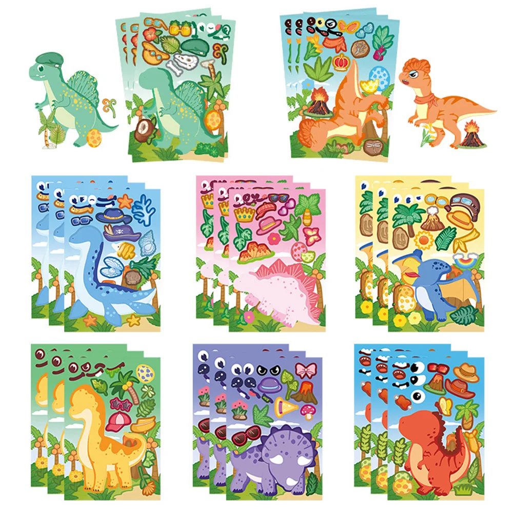 

8/16sheets Funny Cute Dinosaur Cartoon Puzzle Stickers Make a Face DIY Assemble Jigsaw Decals Toy Gift Party Decoration Supplies