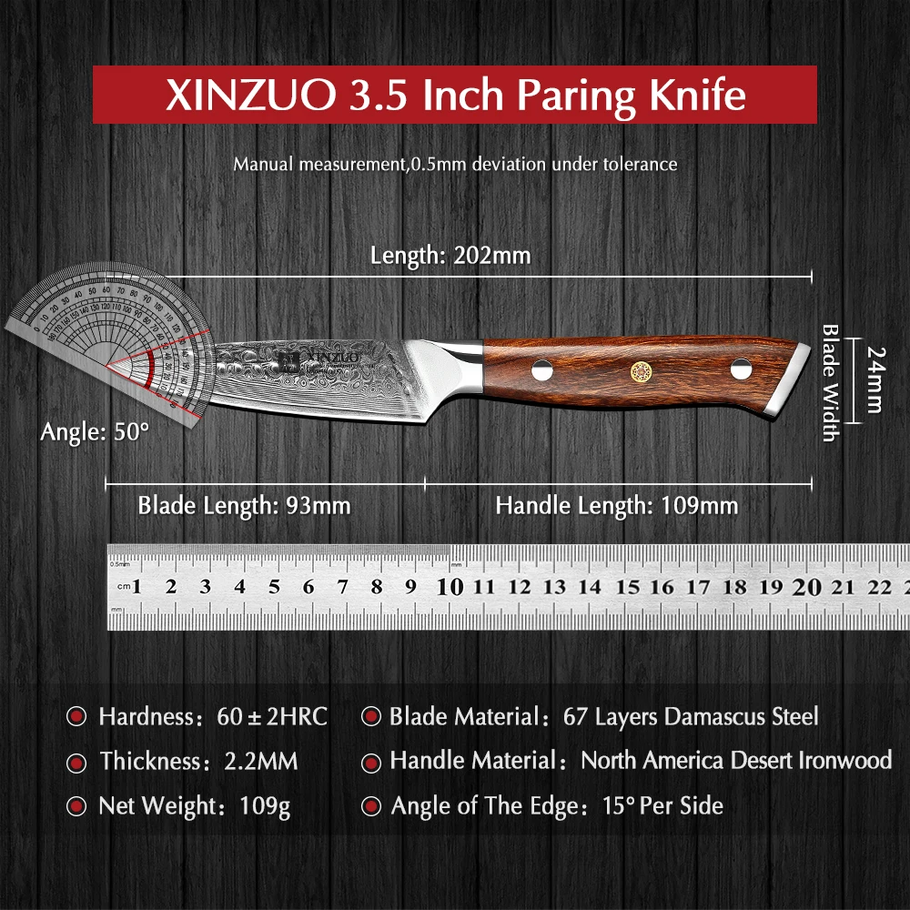 XINZUO 3.5\'\' Paring Knife Damascus Steel Ultra Sharp Cutter Kitchen Fruit Knives With North America Desert Ironwood Handle