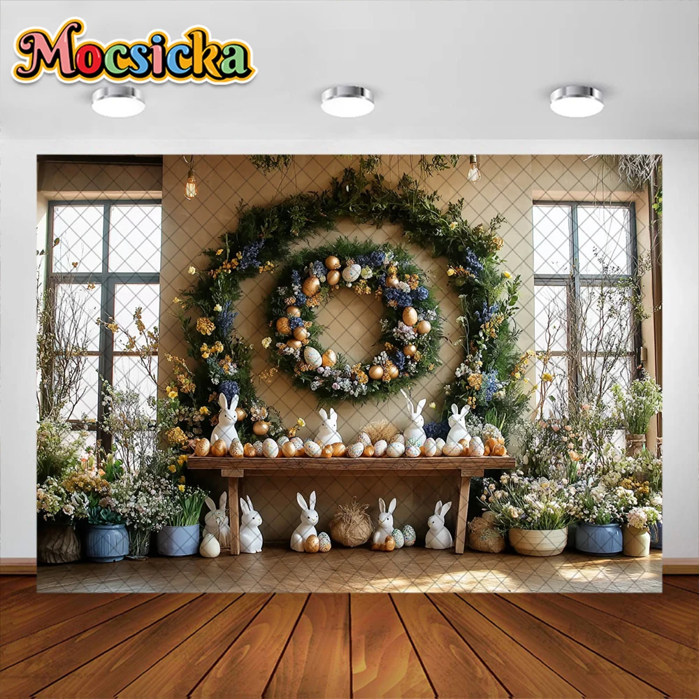 Fondo de fotografía de Pascua de primavera, guirnalda de conejito bonito, decoración de huevos, retrato de vacaciones para Baby Shower, accesorios de estudio