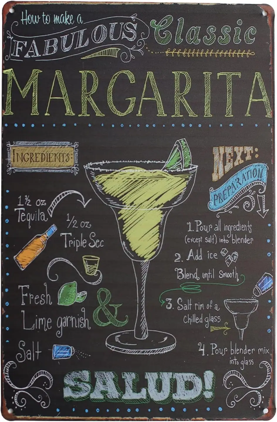Tin Metal Wall Sign Decor | How To Make A Fabulous Classic Margarita | Retro Vintage Decor  | Fun Decoration for Home Kitchen Ba