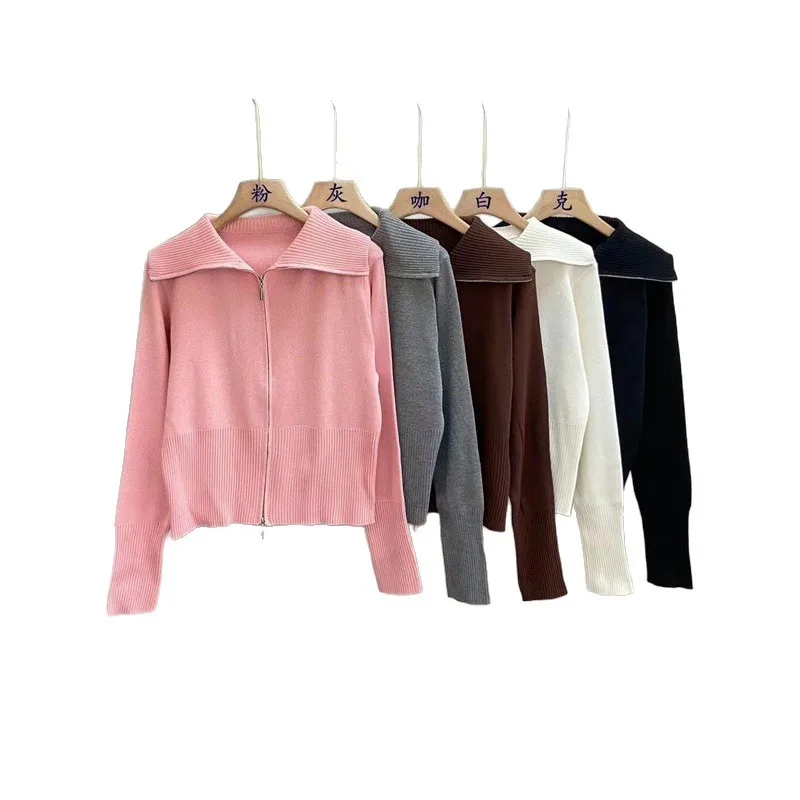 Dzianinowe swetry z zamkami błyskawicznymi, stójką, damskie, uliczne, khaki, kardigany z długim rękawem, topy, nowa kolekcja jesień 2025, damskie, jednolite, dzianiny.