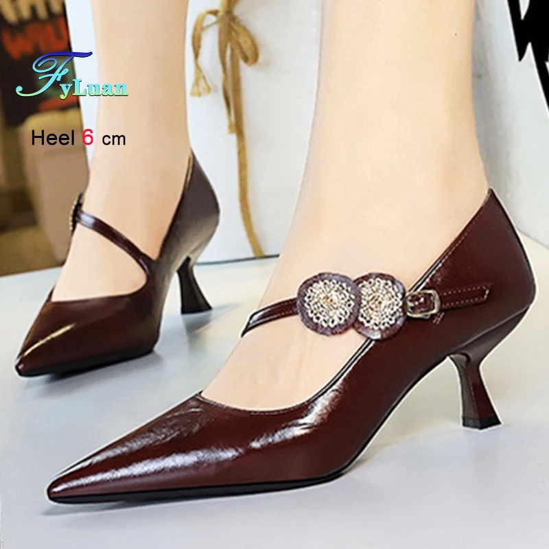 

Black Brown Heels 6cm Women's Shoes Patent Leather Pumps Shallow Mouth Heels Metal Pointed Straight Strap Stiletto Banquet Shoes