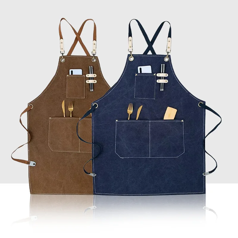 Kitchen Household Cooking Canvas Apron Oil-proof Waterproof Can Wipe Hands Men Women Adult With Tool Pockets Fashion Coffee Over