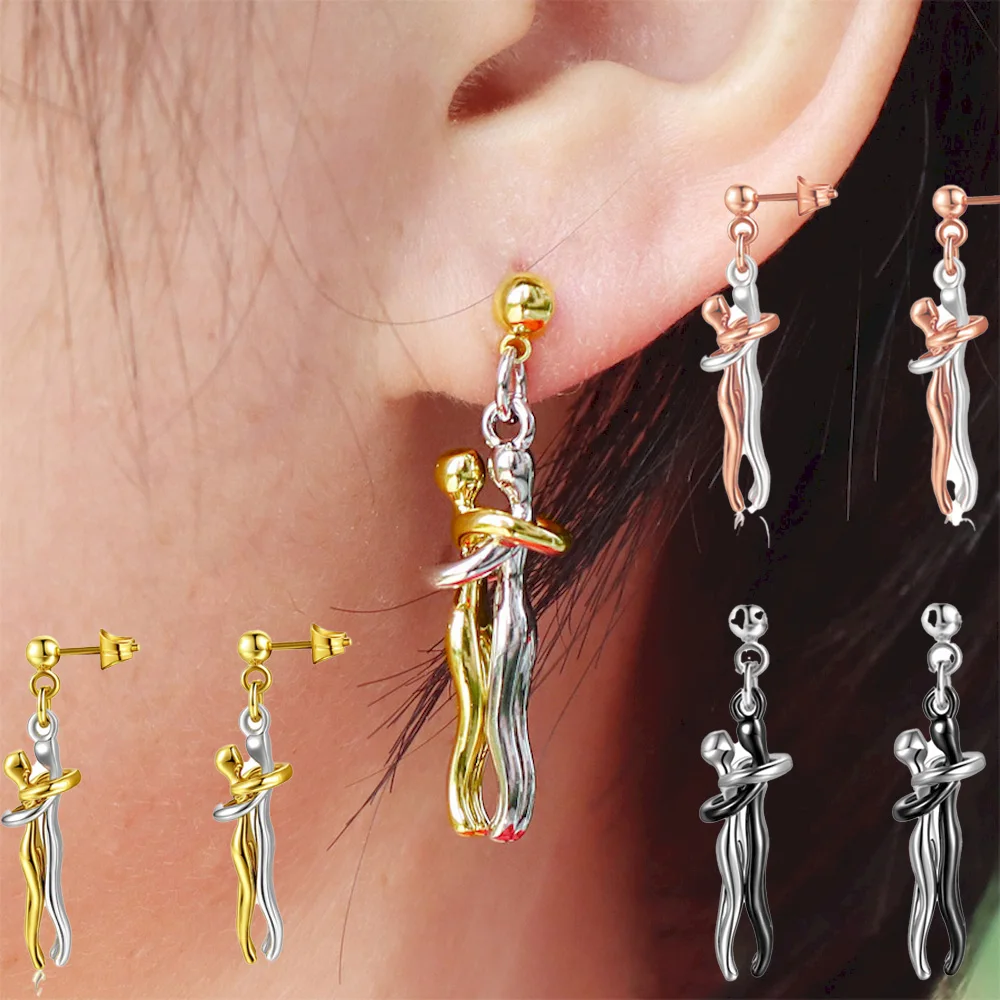 1 Pair Copper Plated 18K Gold Silver Multicolour Couple Embrace Pendant Earrings Valentine's Day Gift Drop Shipping