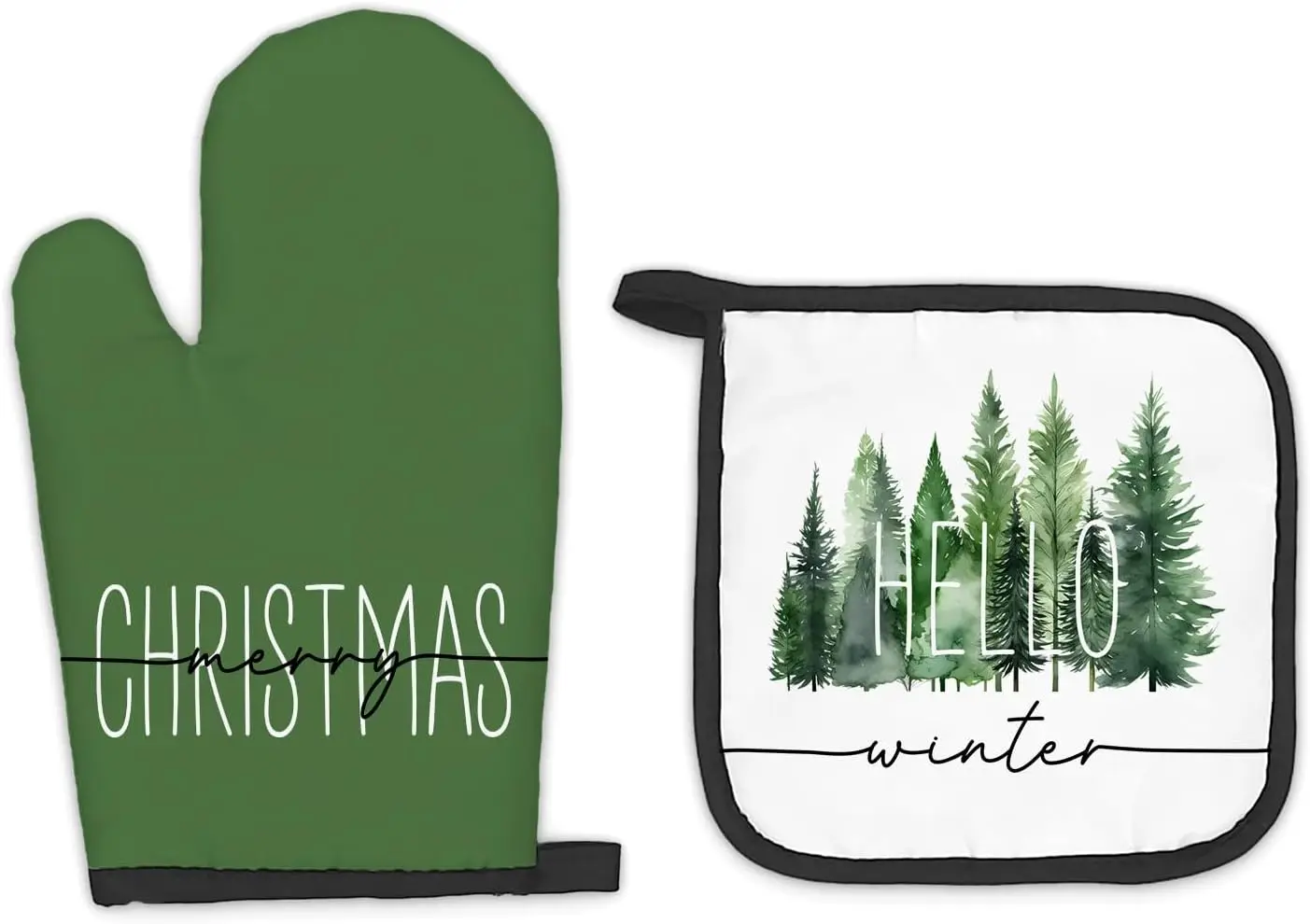 Green Christmas Oven Mitts and Pot Holders Sets, Winter Kitchen Accessories, Xmas Tree Hello Winter Heat Resistant Glove Pothold