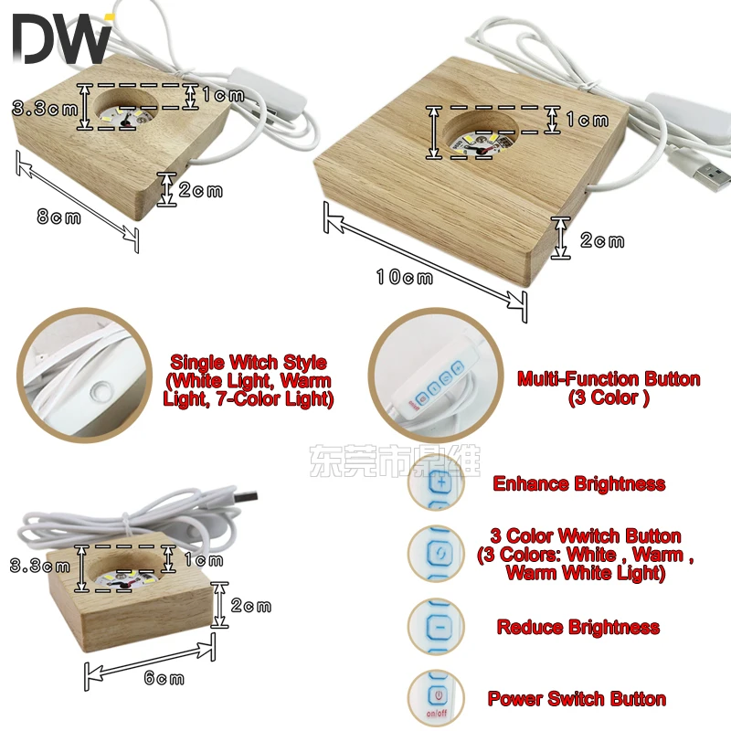1PCS 6/8/10CM LED Solid Wood Lamp Square Night Light USB Lamp Holder DIY Desktop Decorations Lamp Holder